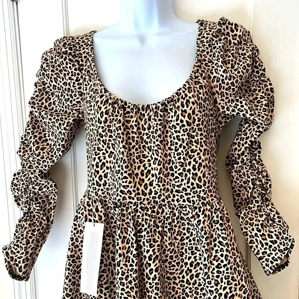 NWT Long Puff Sleeve Mini‎ Dress Women's 6 Leopard Print Swing Flirty Milkmaid